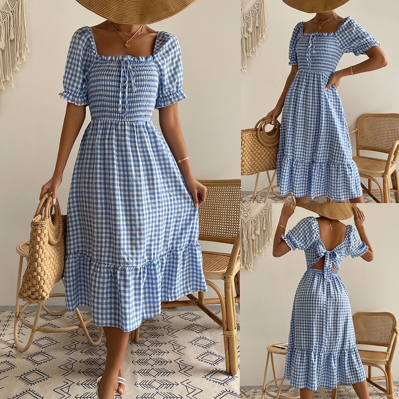 فستان بأكمام قصيرة بياقة مربعة منقوش المقاسات المتوفرة S/ M/ L / XL